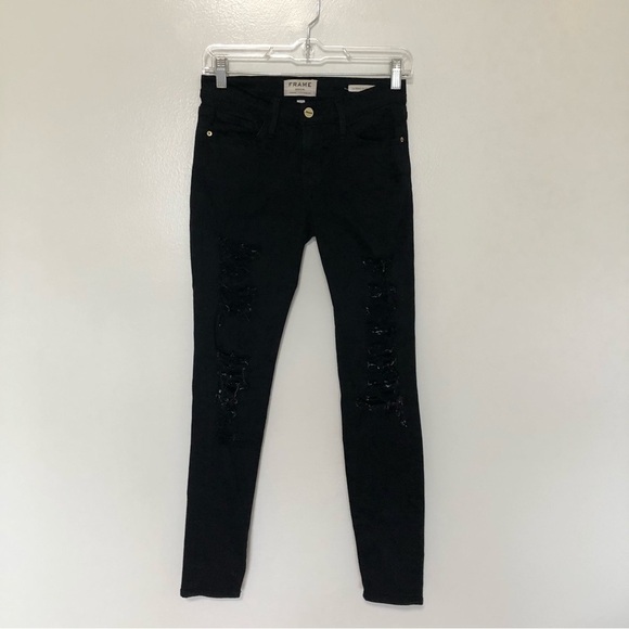 Frame Le Skinny De Jeanne Jeans Black Distressed Film Noir 25 - Picture 1 of 7
